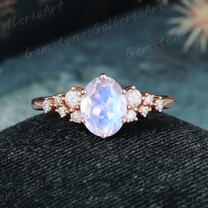 Oval cut Moonstone engagement ring Rose gold vintage ring Unique Cluster Marquise cut Moissanite Diamond ring Anniversary gift for women