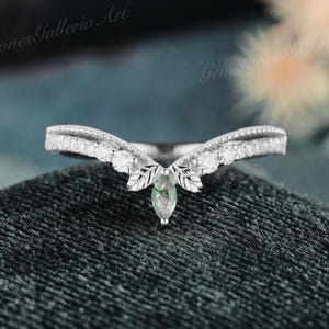 Leafy moss agate wedding band Art deco Diamond Wedding Ring Milgrain Matching Band Unique White Gold Curved Wedding Band Bridal ring gift