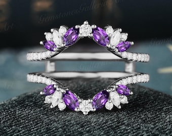 Vintage Marquise Amethyst doppelt gebogene Ehering Solid Gold Kristall Käfig RingEnhancer Stacking Passendes Versprechen Art-Deco-Ring Frau