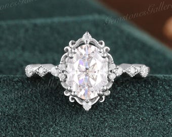 Vintage Oval Shaped Moissanite Engagement Ring Art Deco Diamond Filigree Solid Gold Wedding Ring Unique Birthstone Ring Anniversary Gift