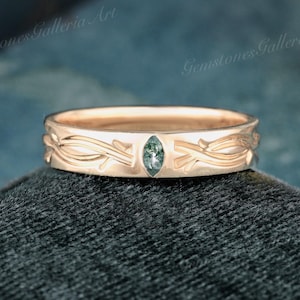 Yellow Gold Moss agate Mens Ring Mens Wedding Band Nature Inspired Leaf Twig Wedding Band Stacking Matching Couple Rings for Men anniversary