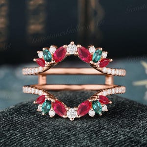 Ruby ring antique wedding band women Emerald Ruby cluster curved wedding band Cage Moissanite Rose Gold ring Art deco matching ring gift
