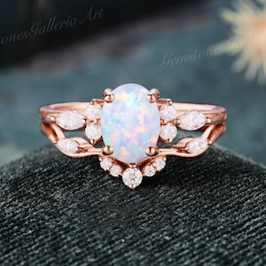 2pcs Opal engagement ring set rose gold Unique Opal wedding ring set Vintage Opal engagement ring set Dainty Moissanite curved band women