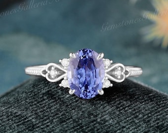 Art Deco Oval Cornflower Blue Sapphire Engagement Ring Vintage Wedding Ring for Women White Gold Ring Diamond Milgrain Ring Anniversary Gift