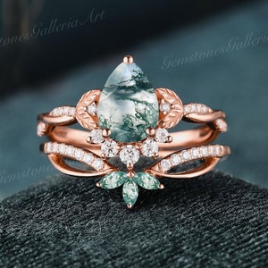 Rose Gold pear cut moss agate engagement ring set 2pcs art deco cluster leaf nature inspired Twisted wedding ring set bridal ring set women