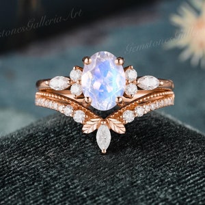Oval Natural Moonstone Engagement Ring Set Rose Gold Leaf Art deco Nature Inspired Moissanite Curved Wedding Ring June Birthstone Milgrain