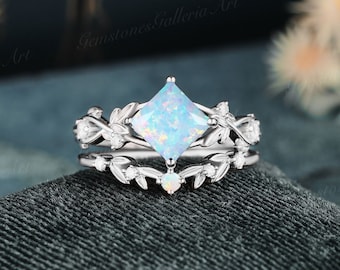 Opal Ring 14k Gold Ring Opal Jewelry October Birthstone Leaf Ring set Princess Cut white gold Opal Engagement Ring Unique vine wedding band