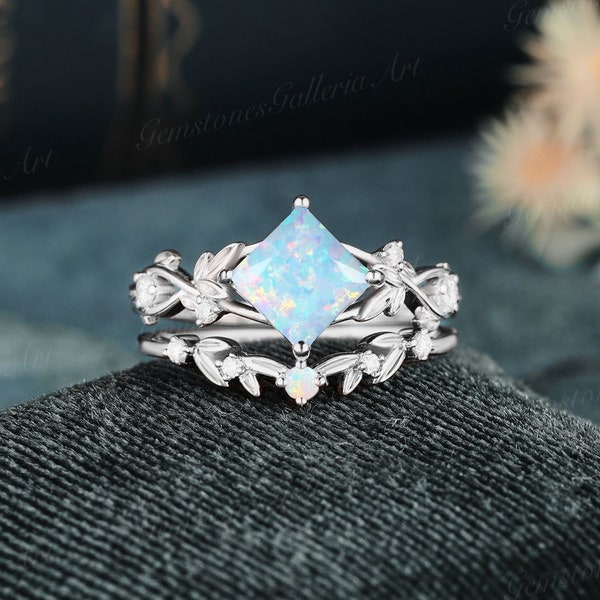 Opal Ring 14k Gold Ring Opal Jewelry October Birthstone Leaf Ring set Princess Cut white gold Opal Engagement Ring Unique vine wedding band