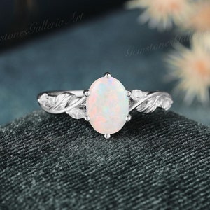 Natural Opal Ring Oval Leaf Ring Unique White Gold Engagement Ring Nature Inspired Engagement Ring 14k Gold Promise Ring October Birthstone