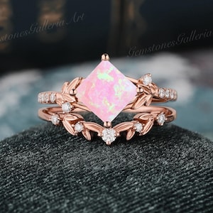Unique 2pcs Pink Opal Ring Set Princess cut Opal Engagement Ring Set Opal Jewelry Branch Promise Ring Leaf Wedding band Anniversary Gift