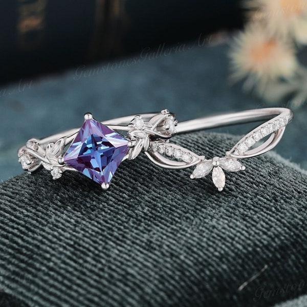 Unique Alexandrite Engagement Ring Set White Gold wedding band Princess Cut Moissanite/Diamond Ring Set Art Deco Branch Moissanite Ring Set