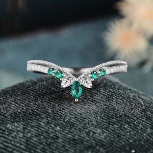 Nature Inspired emerald wedding band curved leaf wedding band vintage Diamond prong band Unique milgrain band white gold ring may birthstone