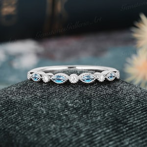 Full/Half eternity London Blue Topaz wedding band White gold wedding band Marquise Topaz Art deco ring Matching bridal milgrain rose gold