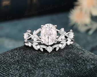 Moisanite Wedding Ring Set Oval Diamond Vine Ring Unique Twisted White Gold Wedding Band Vintage Nature inspired bridal set Marriage ring