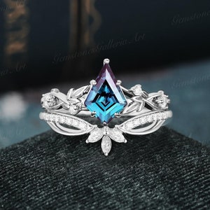 Kite Alexandrite Engagement Ring White Gold Twisted Moissanite Wedding Ring Set Alexandrite Ring Set Vine Bridal Ring June Birthstone lace