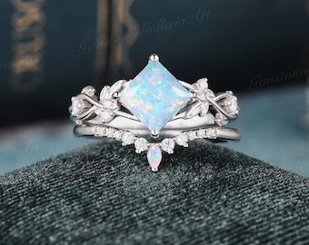 Lab Opal Engagement ring set Vintage rose gold Bridal ring set moissanite ring opal Curved wedding band princess cut Diamond Promise ring
