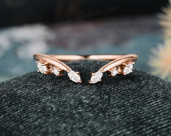 Art Deco Natural Diamond Wedding Band Vintage Rose Gold Ring Leaf Unique Open marquise diamond Matching Wedding Bridal Ring Anniversary