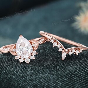 Pear shaped Moissanite engagement ring set Leaf Rose Gold Marquise cut vintage Band Infinity 2pcs Bridal set Promise ring Anniversary gift