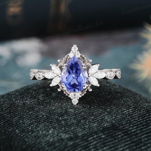 Cornflower Blue Sapphire engagement ring Art deco teardrop shape white gold moissanite ring Cluster Marquise cut diamond Milgrain ring women