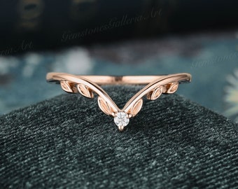 Unique Diamond leaf wedding band rose gold Vintage moissanite matching Stacking Band art deco curved wedding band natural engagement ring