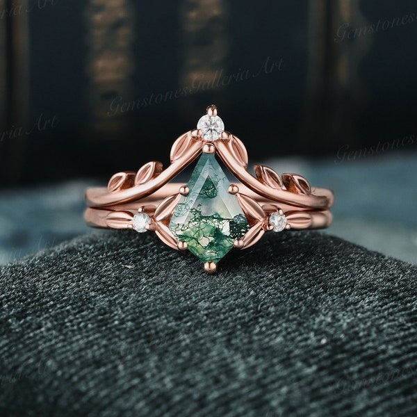 Unique Moss Agate Engagement Ring Set Vintage Rose Gold Ring Leaf Moissanite Wedding Band Diamond Curved Wedding Band Gift For Women branch