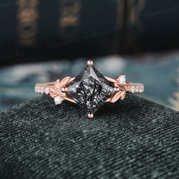 Black Rutilated Quartz Engagement Ring Princess cut Salt and Pepper Crystal Ring Rose Gold Ring Moissanite Cluster Leaf Vintage Bridal Ring