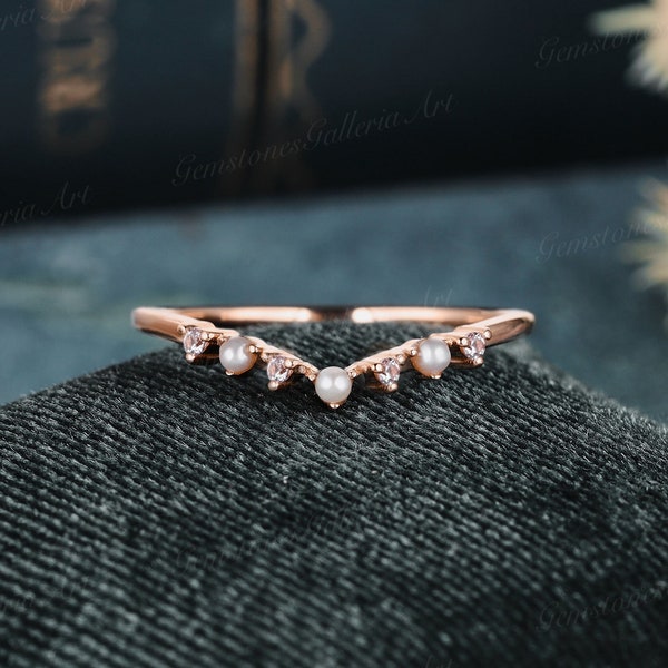 Unique pearl wedding band rose gold Round pink sapphire matching band Vintage Stacking Band curved wedding ring women Anniversary ring