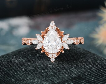 Pear Cut Moissanite Engagement Ring Vintage Rose Gold Cluster Moissanite Wedding Ring Art Deco Milgrain Ring unique Diamond Anniversary ring