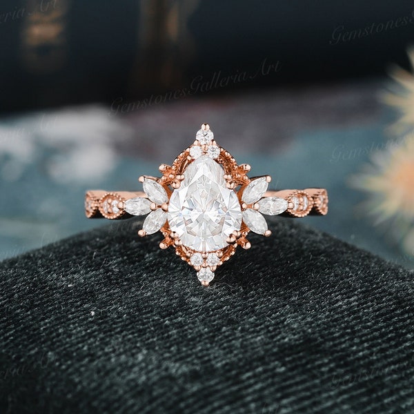 Pear Cut Moissanite Engagement Ring Vintage Rose Gold Cluster Moissanite Wedding Ring Art Deco Milgrain Ring unique Diamond Anniversary ring