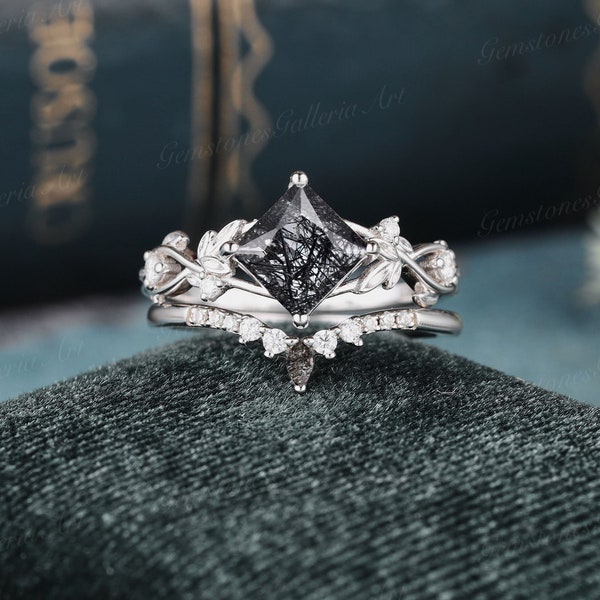 Princess cut Black Rutilated Quartz Ring Vintage Vine Leaf Ring set Unique white gold Engagement Ring Promise Moissanite Bridal Ring Gift