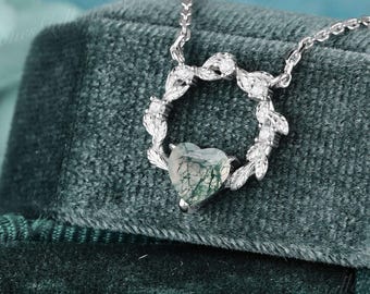 Heart natural moss agate necklace white gold leaf pendant green moss agate necklace personalized pendant for women moissanite handmade gift