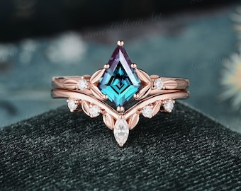 Alexandrite engagement ring set vintage Kite ring rose gold lab alexandrite bridal set diamond Floral curved wedding band Anniversary ring