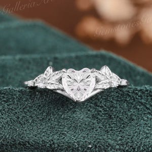 Heart Shape Moissanite Wedding Ring Cluster Leaf Engagement Ring White Gold Moissanite Engagement Ring Anniversary Gift for wife Promise
