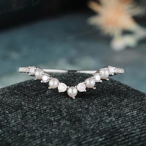 Curved Pearl Wedding Band Women White Gold Moissanite Alternate Chevron Matching Band Promise Natural Pearl Bridal Ring Birthstone Ring Gift