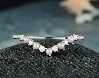 Geschwungene Perle Ehering Frauen Weißgold Moissanit Alternate Chevron Passende Band Versprechen natürliche Perle Brautring Birthstone Ring Geschenk
