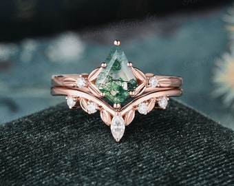 Moss Agate engagement ring set art deco moissanite bridal set antique marquise cut diamond Leaf curved wedding band anniversary bridal set