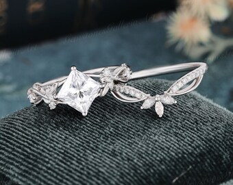 Moissanite engagement ring set white gold Princess cut Diamond leaf ring Dainty antique wedding band women stacking Bridal set Promise ring