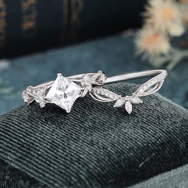 Moissanite engagement ring set white gold Princess cut Diamond leaf ring Dainty antique wedding band women stacking Bridal set Promise ring