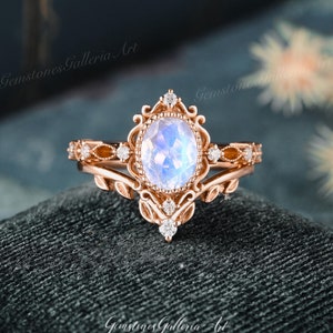 Oval Moonstone engagement ring set Art deco moissanite engagement ring set Rose gold Milgrain ring set Leaf flower band promise ring set