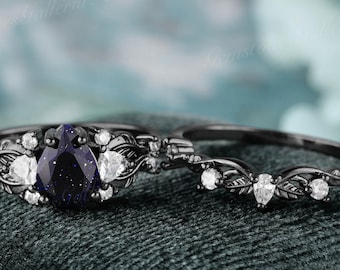 Vintage Pear cut Blue sandstone Ring Set 2pcs Leaf Moissanite Art Deco Bridal Anniversary ring set black gold gothic wedding rings women