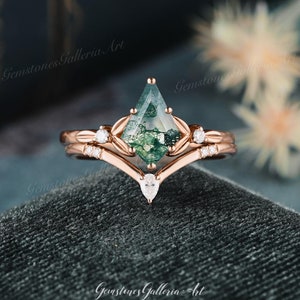 Antique Kite Cut Moss Agate Wedding Ring Rose Gold Natural Moss Agate Ring Set Leaf Moissanite Ring Curved Wedding Band Event Gift for Her