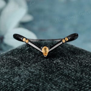 Unique Citrine Black gold wedding band Pear cut Citrine curved wedding band women perfect for bridal ring gothic Anniversary gifts for her