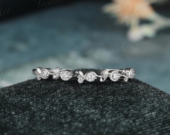 Moissanite Filigree wedding band women White gold vine Diamond wedding band Art deco Leaf Matching Stacking Vintage Promise band for women