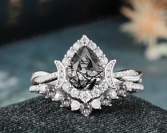 Salt and Pepper Crystal Ring 2pcs White Gold Pear Shaped Black Rutilated Quartz Engagement Ring Gothic Infinity Engagement Ring Bridal Set