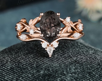 Salt and Pepper Crystal Ring Oval shape ring set Rose Gold Moissanite Engagement Ring Set 2pcs Black Rutilated Quartz Bridal Crystal Ring