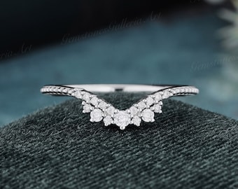 Moissanite Filigree wedding band women White gold Diamond Curved wedding band Art deco Leaf Matching Stacking band Vintage Promise band gift