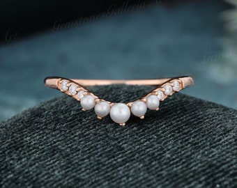 Vintage Pearl Moissanite Curved Wedding Band Rose Gold Pearl Wedding Ring Stacking Matching Promise Custom Ring Anniversary Gift for Her