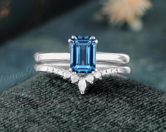 Vintage Emerald Cut London Blue Topaz Engagement Ring Set Unique White Gold Promise Ring Topaz Bridal Set Anniversary Ring Gift for Women