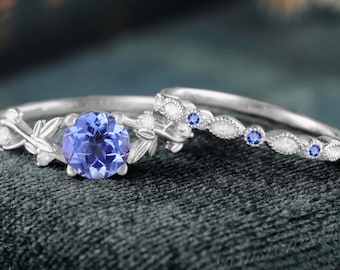 Vintage Cornflower Sapphire Engagement Ring Set Leaf Unique White Gold milgrain sapphire Bridal Handmade Rings Promise Wedding Rings