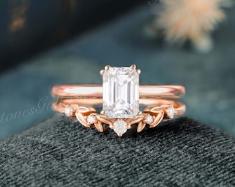 Rosegouden moissanite verlovingsring set 2 stuks smaragd geslepen moissaniet trouwring set blad diamanten jubileumring voor vrouwen belofte ring